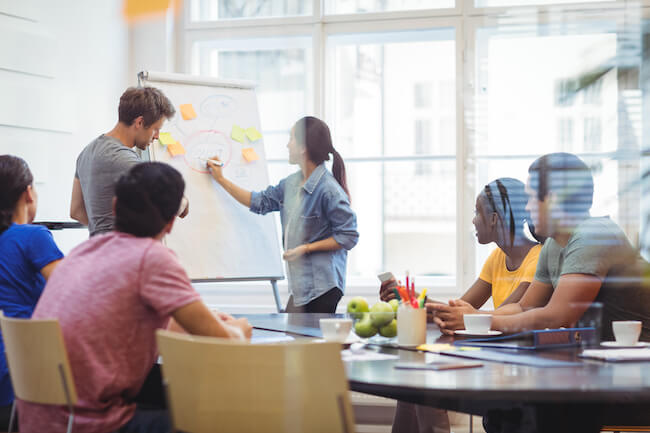 Business executives discussing with their colleagues on whiteboard