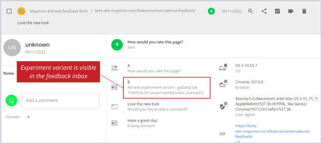 AB testing test variant in Mopinion feedback inbox