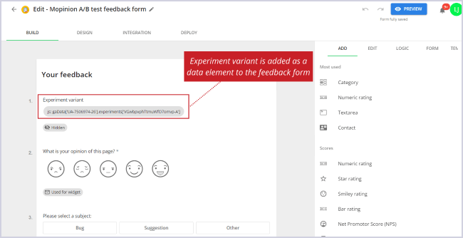 AB testing test variant in Mopinion form design