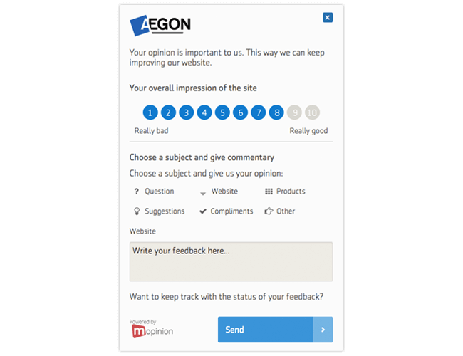 Mopinion: Passive versus Active online feedback forms - Aegon - Triggered feedback form