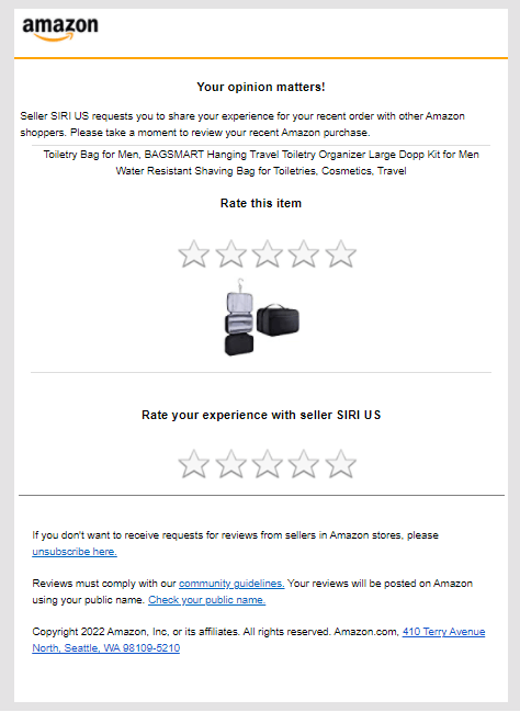 Amazon product feedback email