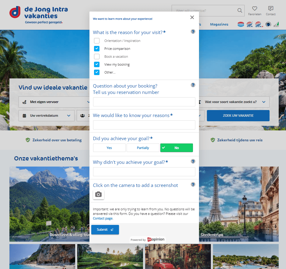De Jong Intra Vakanties homepage survey