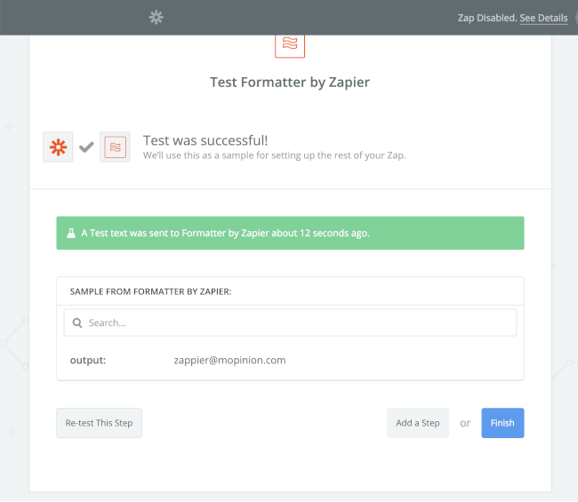 Mopinion: How to integrate user feedback data with Zapier (using Mopinion webhooks) - email output test was successful