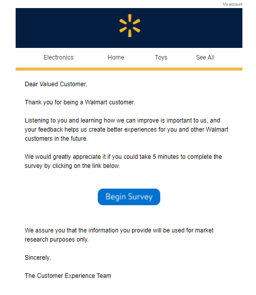 Walmart customer experience survey via email