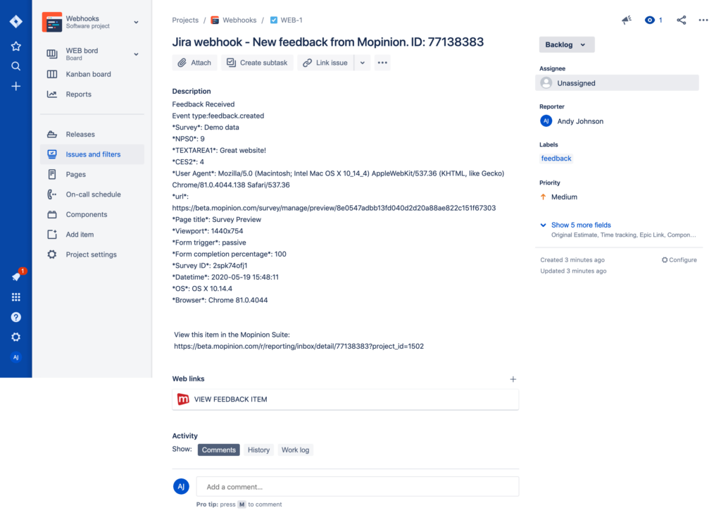 Mopinion: Mopinion integrates with Atlassian’s issue tracking tool JIRA - Webhook Feedback