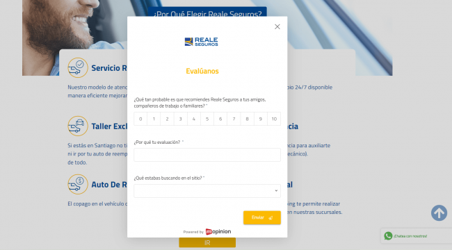 NPS survey on Reale Seguros website