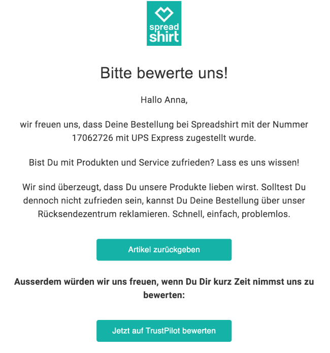 spreadshirt customer feedback email