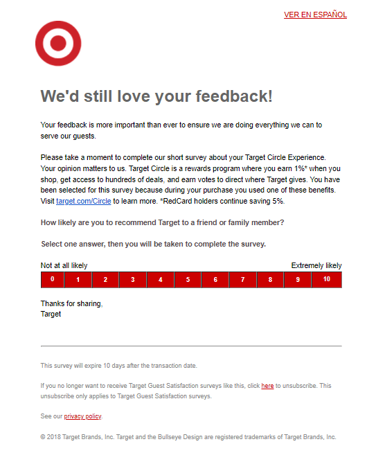 Target NPS email survey