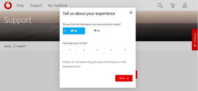 Vodafone survey on support page