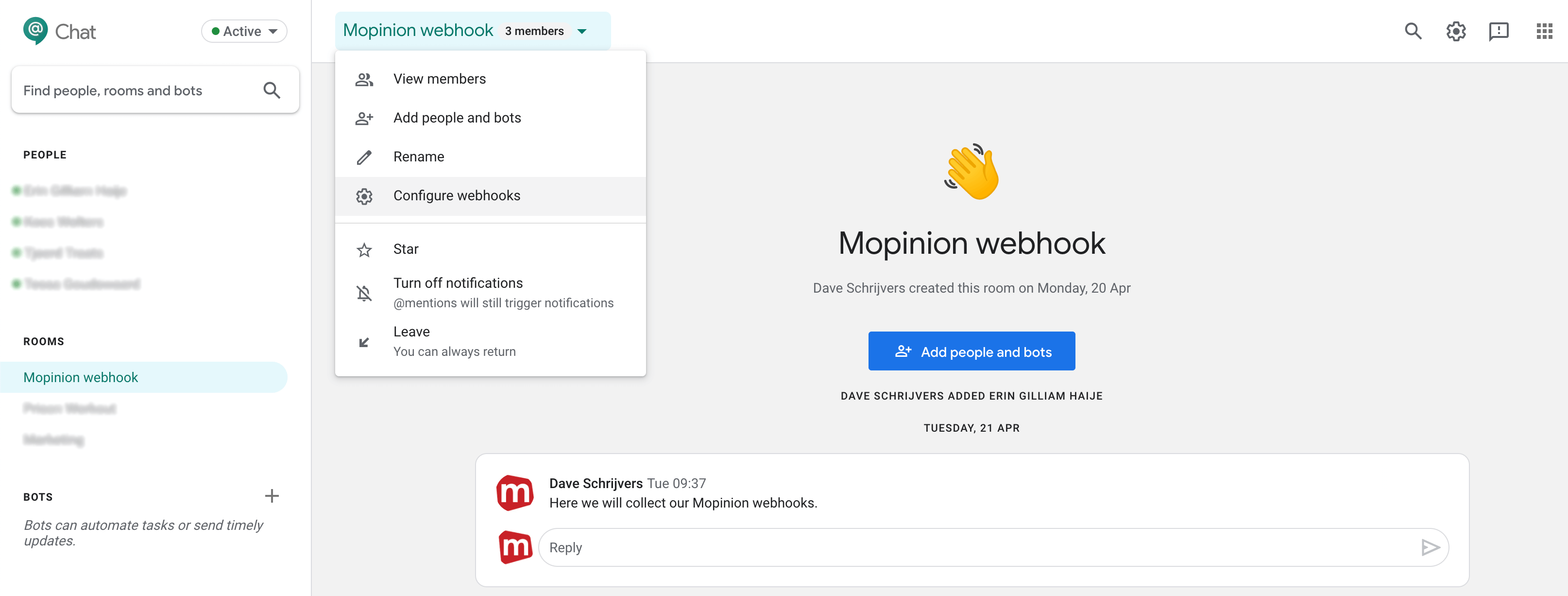 Mopinion: Mopinion now integrates with messaging platform Google Chat - Create webhook